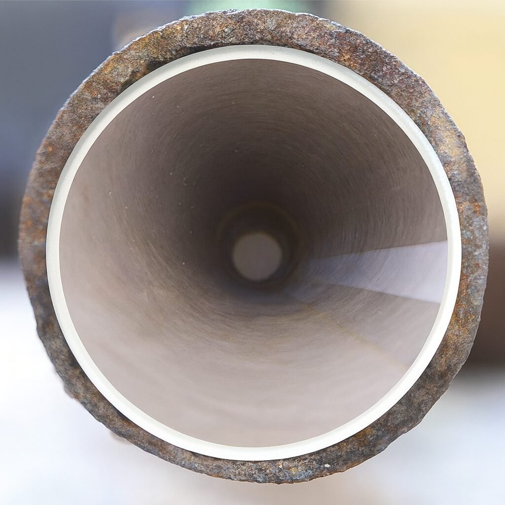 Intérieur d’une canalisation rénovée par chemisage – ancienne paroi recouverte d’un revêtement neuf