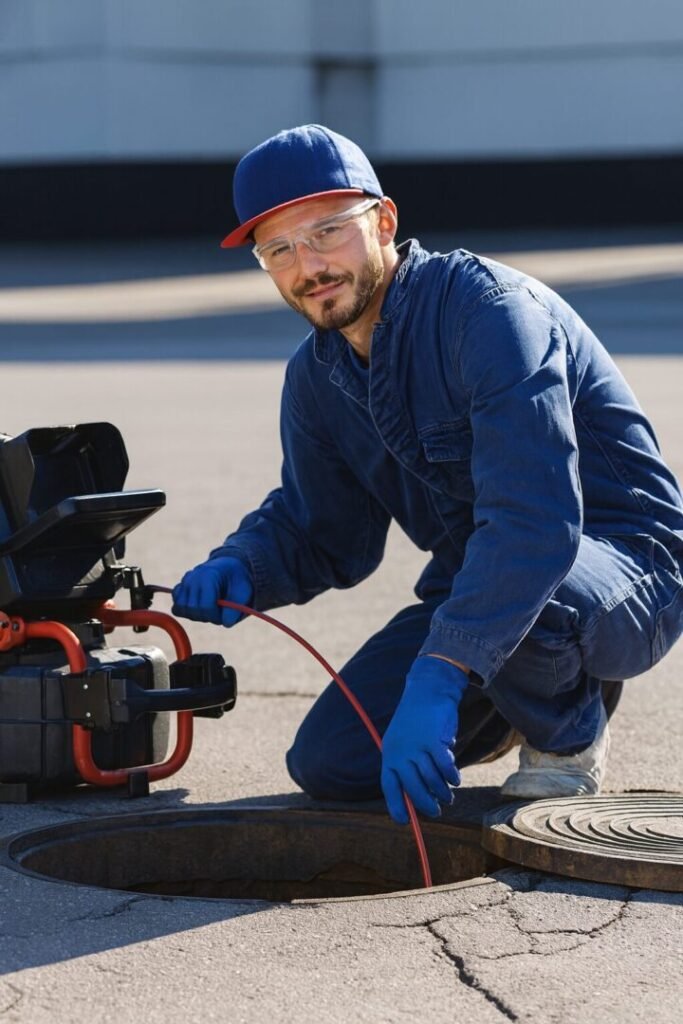 Technicien effectuant une inspection caméra de canalisation en extérieur – Val-d’Oise 95