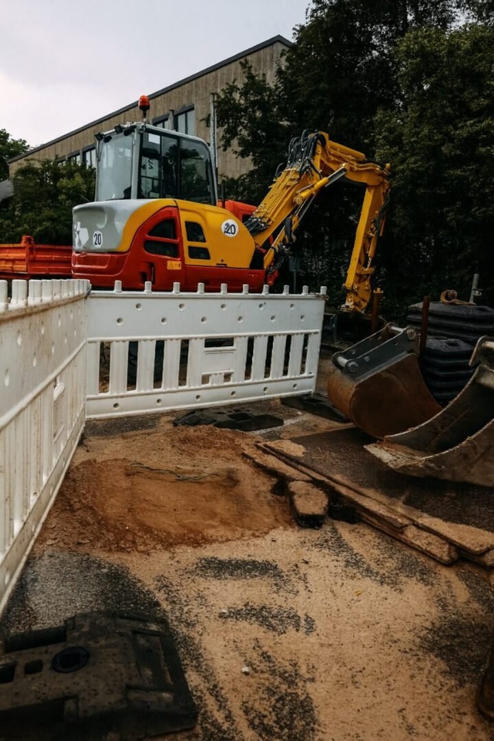 Pelleteuse jaune en intervention pour travaux de raccordement égout Val-d’Oise