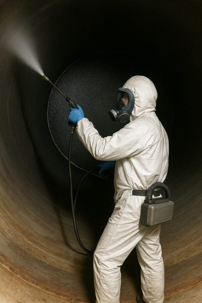 Technicien en combinaison blanche procédant au nettoyage intérieur d’une cuve à fioul dans le Val-d’Oise (95).