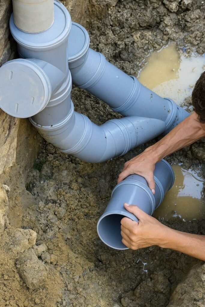 Raccordement égout Val-d’Oise avec pose de canalisations PVC dans une tranchée