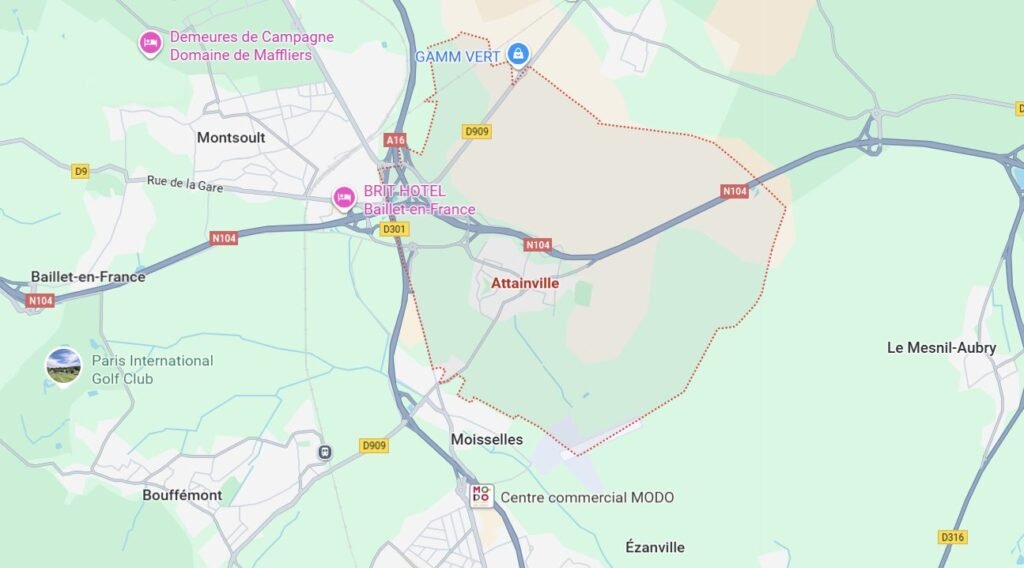 Carte d’Attainville – Zone d’intervention de nos services d’assainissement dans le Val-d’Oise.