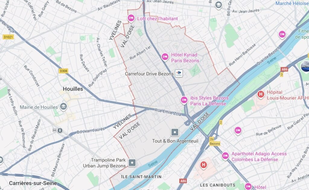 Carte de Bezons 95870 dans le Val-d’Oise, zone d’intervention de notre équipe d’assainissement.