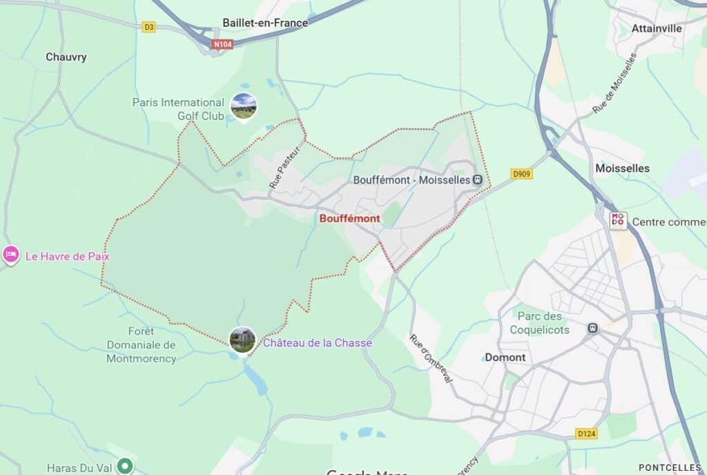 Localisation des interventions d’assainissement à Bouffémont sur la carte du Val-d’Oise.