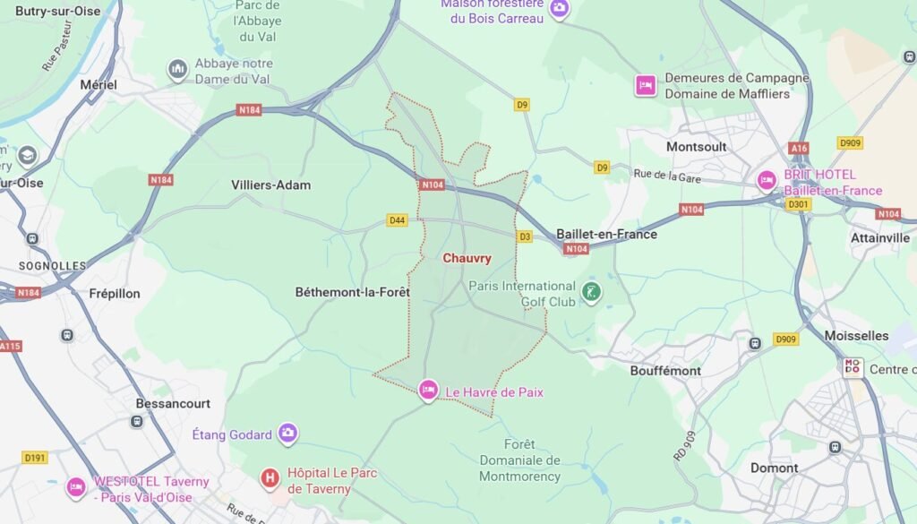 Carte Google Maps centrée sur Chauvry dans le Val-d’Oise (95).