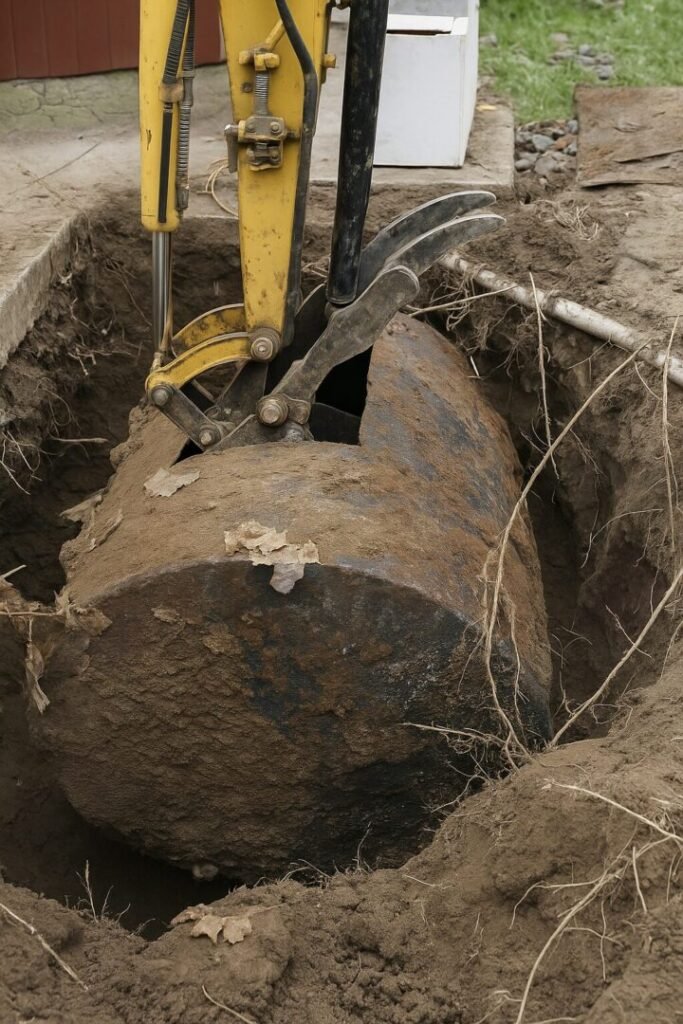 Retrait d’une cuve à fioul à Franconville – Intervention d’assainissement Franconville 95 pour mise en conformité environnementale.