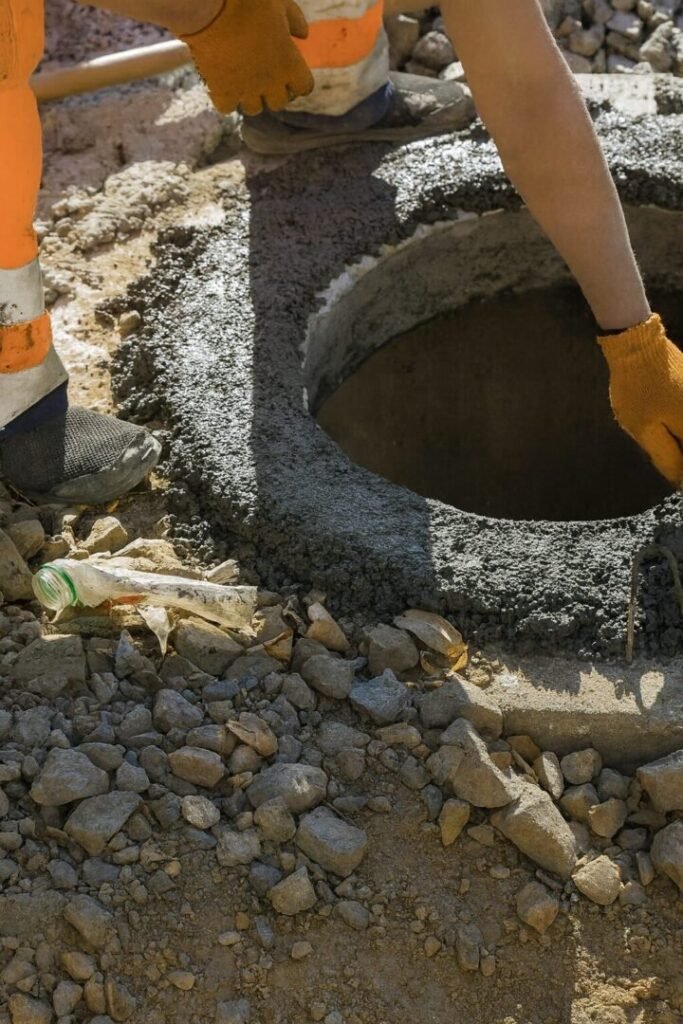 Travaux d’assainissement dans le Val-d’Oise, création et scellement de fosse septique en béton par un technicien spécialisé