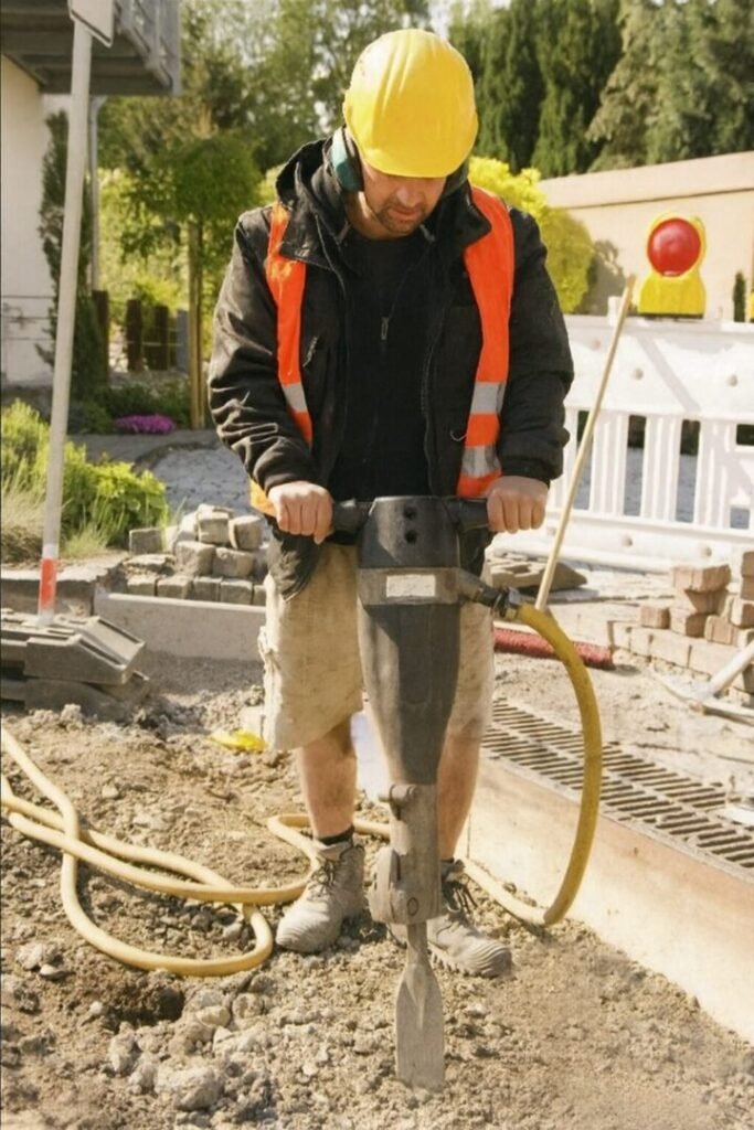 Technicien assainissement Garges-lès-Gonesse utilisant un marteau-piqueur pour travaux de raccordement à l’égout