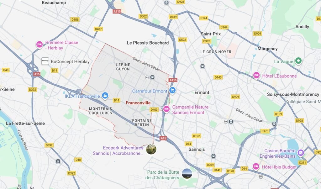 Carte de Franconville – Zone d’intervention des services d’assainissement dans le Val-d’Oise (95)