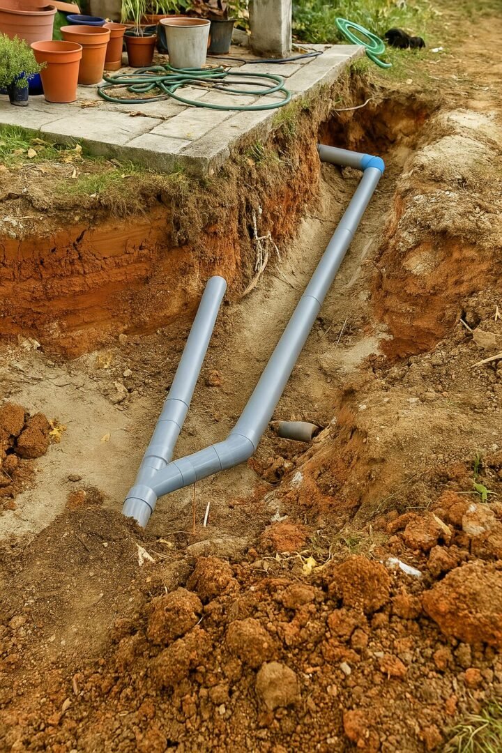 Chantier d’assainissement Pontoise montrant un raccordement à l’égout avec pose de tuyaux PVC dans une tranchée propre et stabilisée.