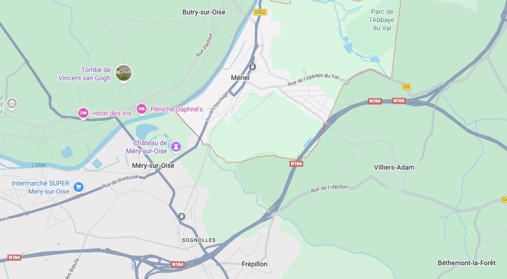 Carte Google Maps Mériel – zones d’intervention assainissement 95