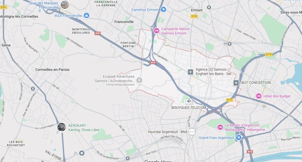 Carte Google Maps de Sannois avec localisation des services d’assainissement
